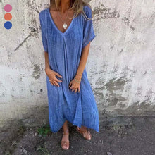 Load image into Gallery viewer, Cotton and Linen V-neck Midi Dress